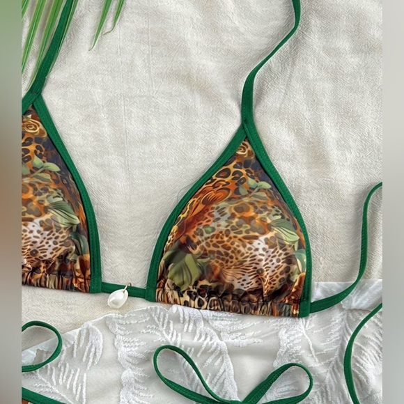 Green Leopard Floral Print Halter Side Tie Bikini Set - Picture 4 of 9